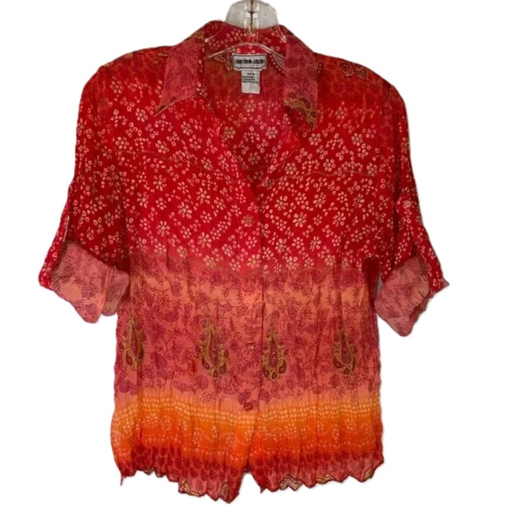 California Krush 3/4 Sleeve Crinkle Blouse Boho Orange Retro Vintage Vibe Size M
